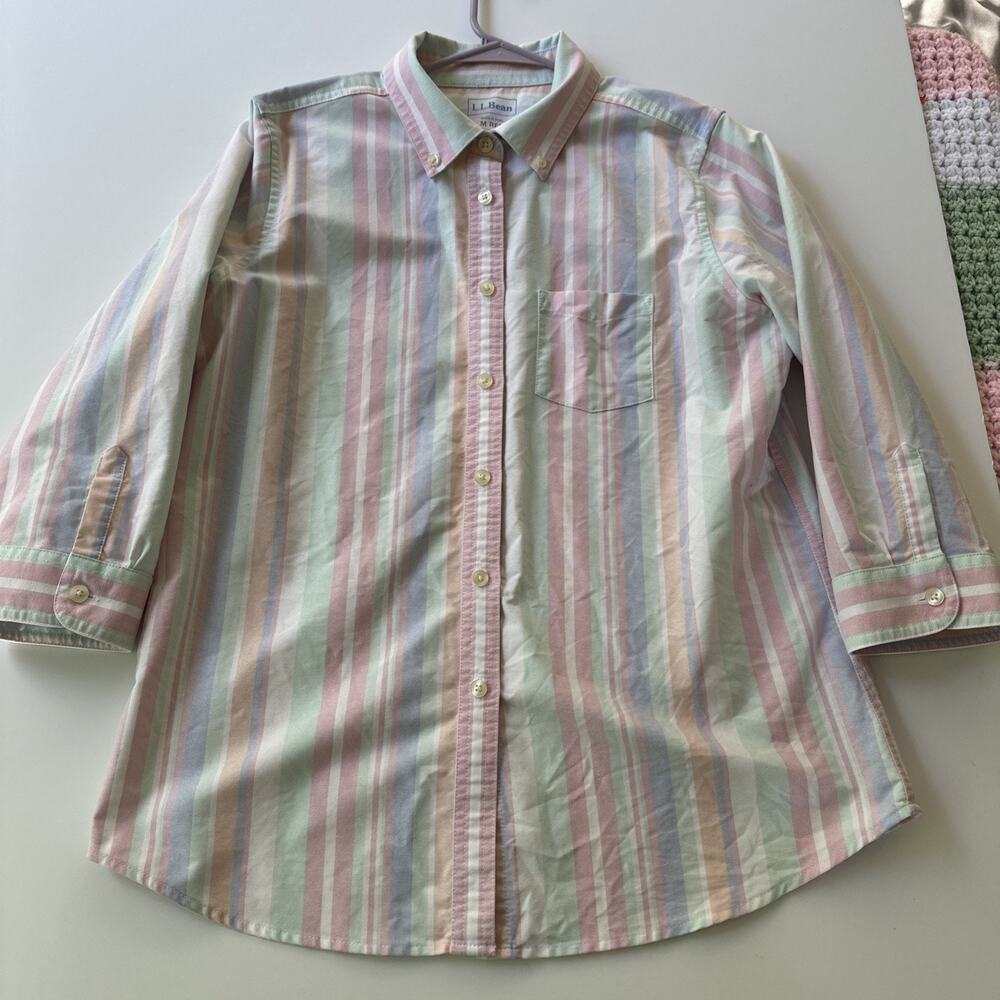 LL Bean Shirt Women Medium Pastel Striped Button Oxford Cotton Preppy Collar